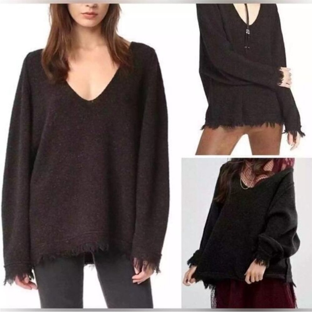 Free People Brown Wool Irresistible Fringe V-Neck Sweater Size XSmall Oversized